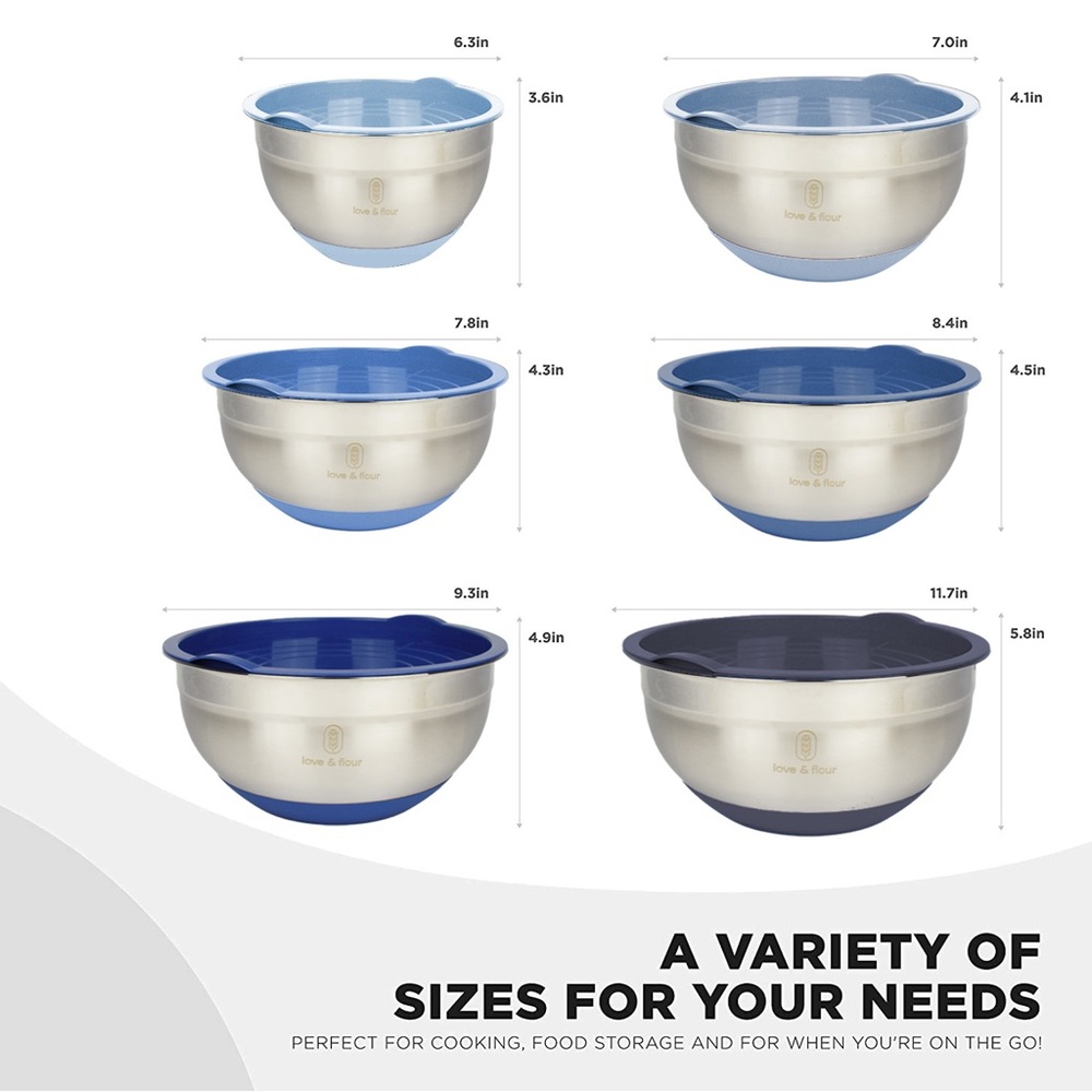 NEW-NO BOX love& flour Mixing Bowls with Airtight Lids, 6 Piece Stainless Steel - Picture 2 of 4